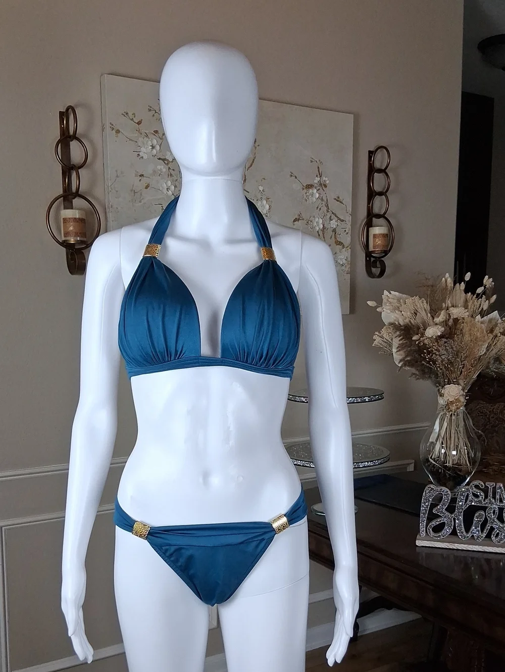 Venus Teal Blue And Gold Goddess Enhancer PushUp Bikini Set Top DD- Bottom Small - Picture 16 of 16